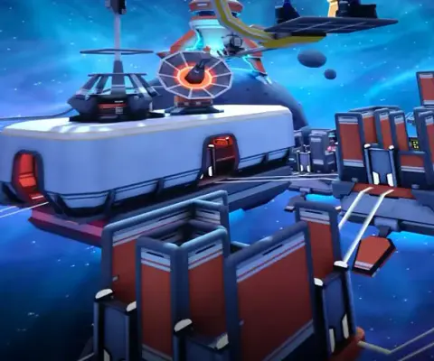 Eine futuristische Spielwelt mit schwebenden Plattformen und blauem Sternenhimmel.