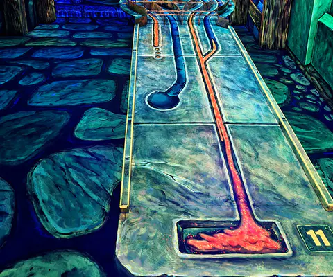 Minigolfbahn mit Hindernis im Schwarzlicht und spannender Tiefenwirkung.