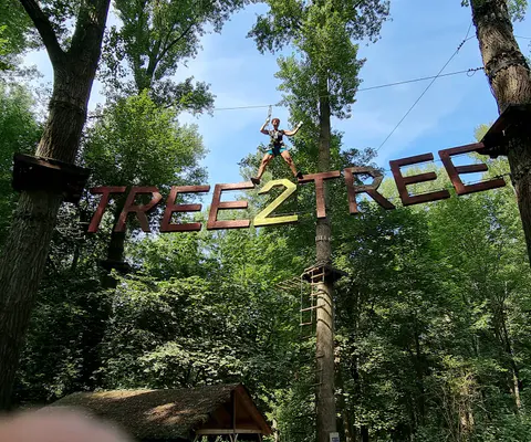Kletternde im Waldhochseilgarten zwischen Seilen und Plattformen