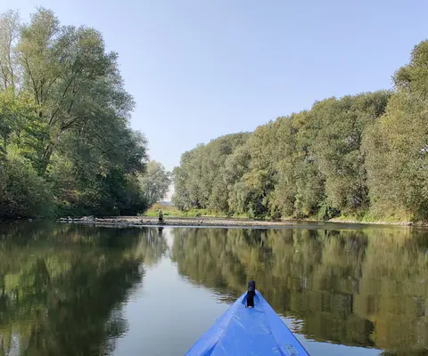 Blick aus dem Kajak auf den Fluss und die Ufernatur.
