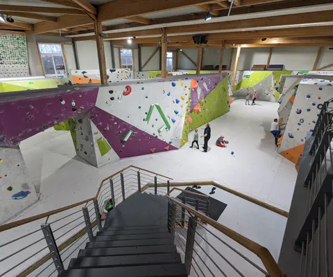 Mehrere Personen bouldern vor gut sichtbaren Kletterflächen.